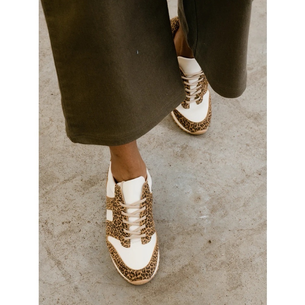 ABLE • Annie Sneaker leopard print leather retro lace up cream tan ridged sole